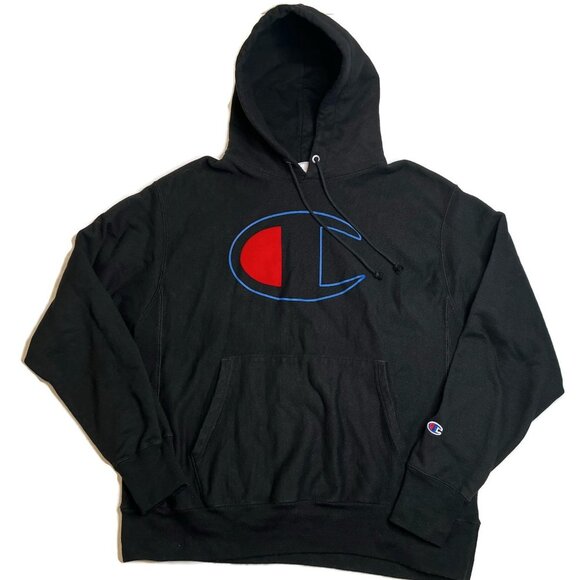 Champion Reverse Weave Hoodie Big C Logo Mens Large Black New York 2 Side Print - Picture 1 of 6
